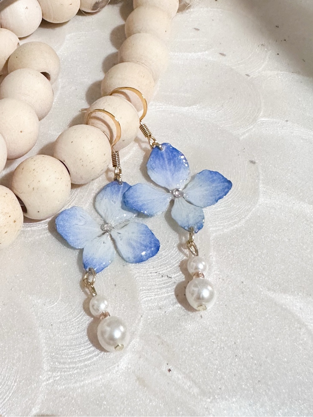 Blue Floral Drop Earrings with Pearl Dangles